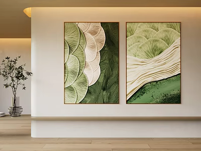 Two Abstract Paintings With Green And Beige Wave Like Leaf Patterns Hanging On Interior Wall 3d model