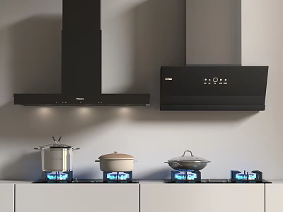 Modern Kitchen Appliances Featuring Black Range Hoods Gas Stoves And Cookware On Countertop 3d model