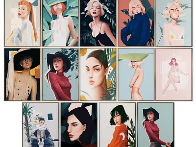 Various Styles Figure Paintings With Diverse Characters Fashionable Outfits And Colorful Backgrounds 3d model