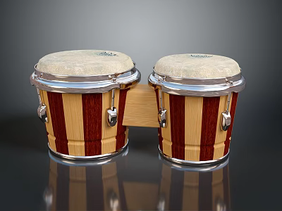 Classic Wooden Striped Bongo Drums With White Drumheads Silver Rims And Metal Tuning Lugs 3d model