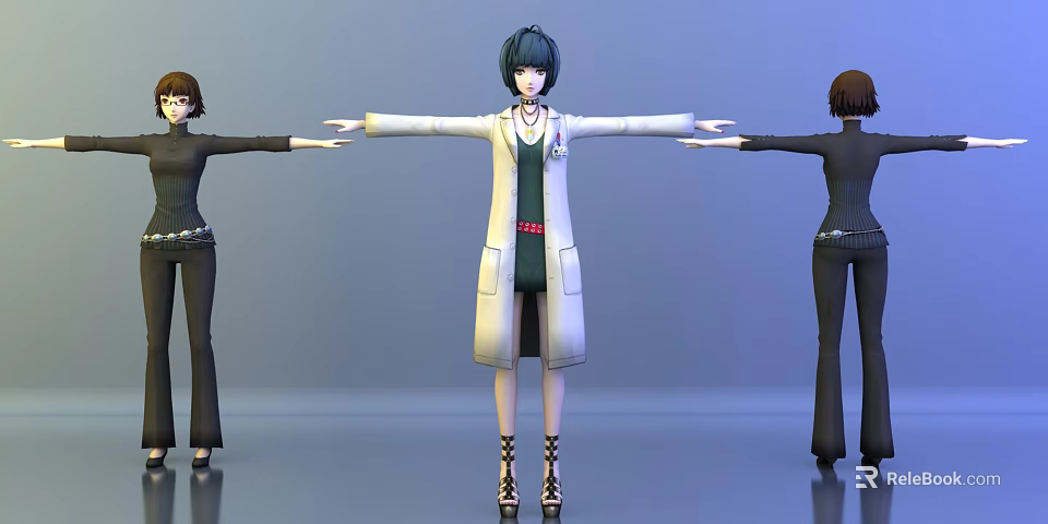 Game Movie Character in White Coat Green Dress Red Belt Arms Outstretched With Two Figures 3d model 
