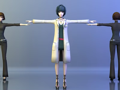 Game Movie Character in White Coat Green Dress Red Belt Arms Outstretched With Two Figures 3d model
