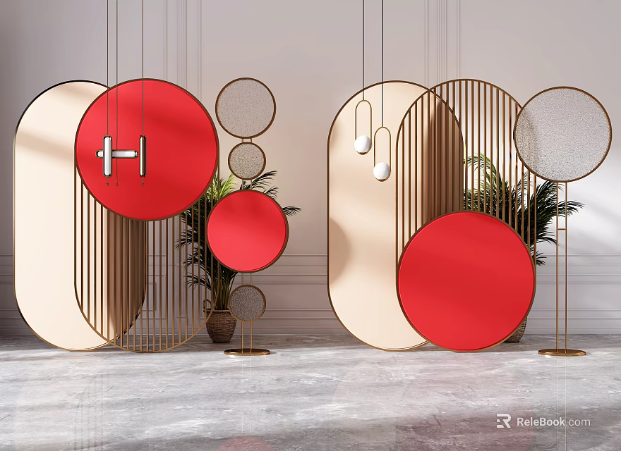 Modern Room Screens With Circular Red Beige Panels Metal Frames And Plants 3d model 