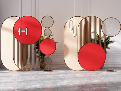 Modern Room Screens With Circular Red Beige Panels Metal Frames And Plants 3d model