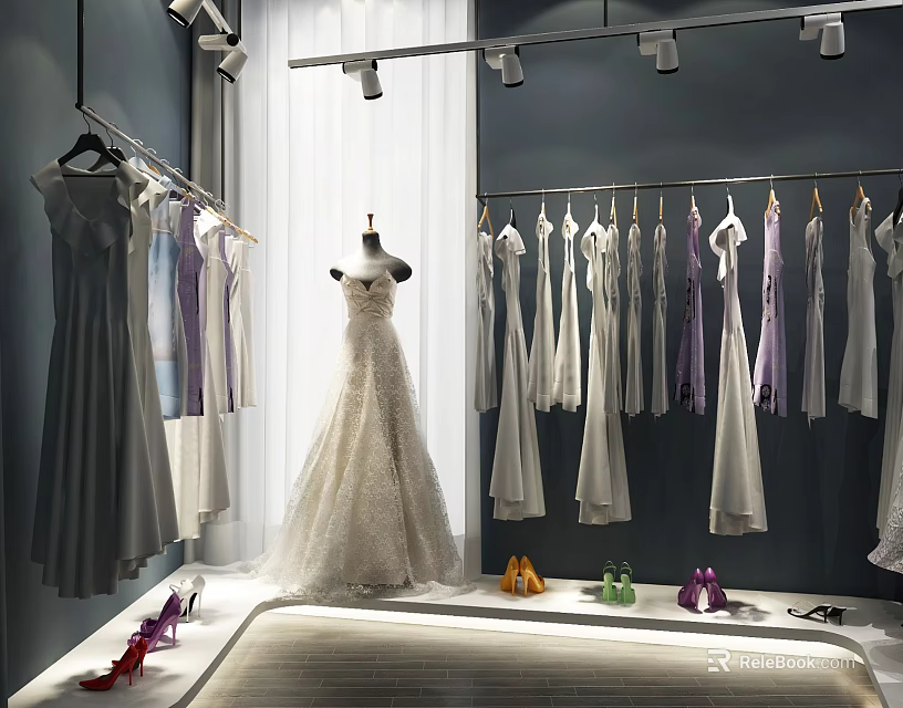 Elegant Bridal Dresses Hanging In Boutique With Mannequin And Colorful High Heels 3d model 