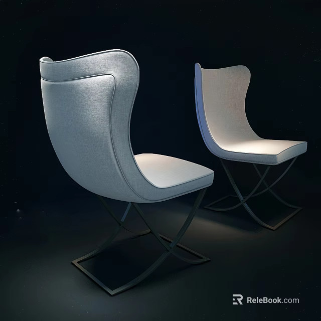 Two Modern Accent Chairs With Light Fabric Curved Backrest And Metal Cross Legs 3d model 