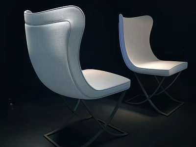 Two Modern Accent Chairs With Light Fabric Curved Backrest And Metal Cross Legs 3d model
