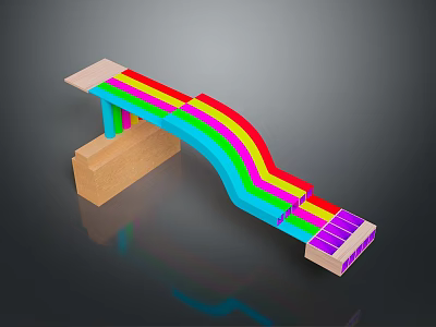 Colorful Curved Scene Component Model With Rainbow Stripes Wooden Base And Purple Blocks 3d model