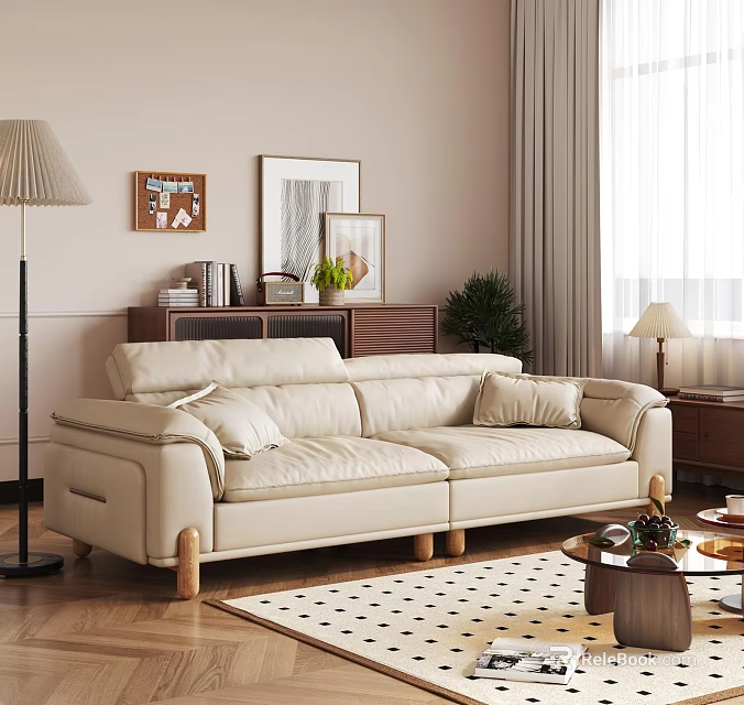 Beige Leather Sectional Sofa in Living Room with Floor Lamp Decorative Paintings and Coffee Table 3d model 