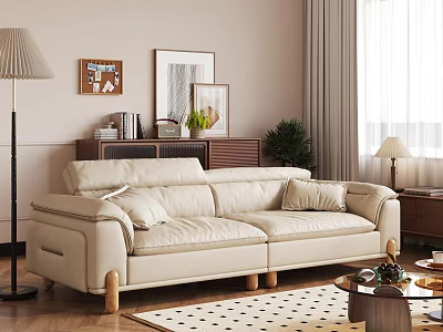 Beige Leather Sectional Sofa in Living Room with Floor Lamp Decorative Paintings and Coffee Table 3d model
