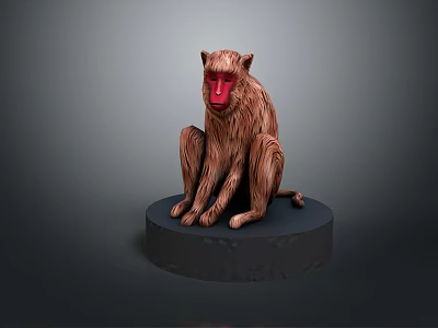 Detailed Monkey Sculpture Sitting On Black Base With Red Face And Brown Fur 3d model