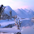 Snowy Mountain Landscape With Frozen Lake And Snow Covered Trees Reflection In Purple Pink Sky