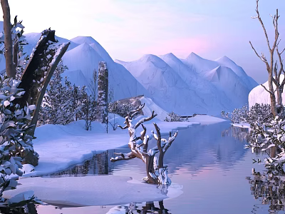 Snowy Mountain Landscape With Frozen Lake And Snow Covered Trees Reflection In Purple Pink Sky 3d model
