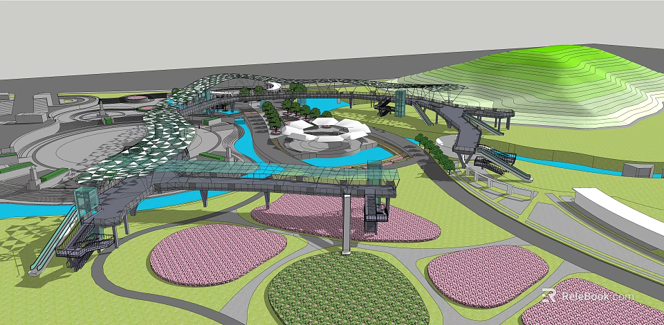 Urban Road Infrastructure Design With Walkways Bridges Water Features And Green Spaces 3d model 