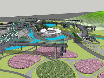 Urban Road Infrastructure Design With Walkways Bridges Water Features And Green Spaces 3d model