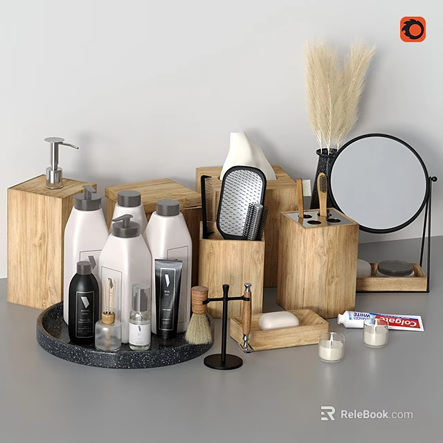 Everyday Bathroom Essentials With Wooden Storage Bottles Soap Toothpaste Comb And Mirror 3d model 