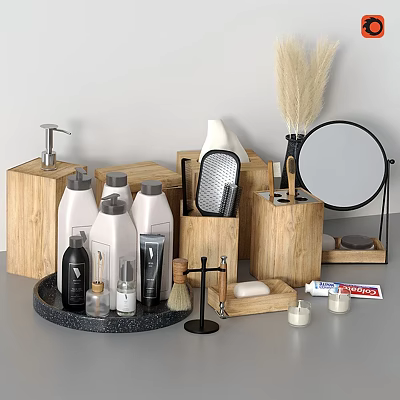 Everyday Bathroom Essentials With Wooden Storage Bottles Soap Toothpaste Comb And Mirror 3d model