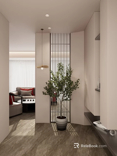 Minimalist Foyer Passage With Slatted Partition Potted Plant And Living Room View 3d model 