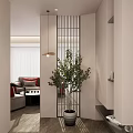 Minimalist Foyer Passage With Slatted Partition Potted Plant And Living Room View