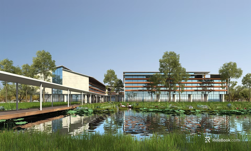 Modern Hotel Building Exterior With Glass Facade Pond And Green Trees 3d model 
