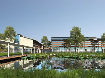 Modern Hotel Building Exterior With Glass Facade Pond And Green Trees 3d model