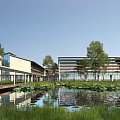 Modern Hotel Building Exterior With Glass Facade Pond And Green Trees
