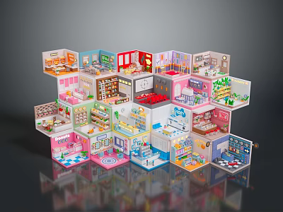 Cute Toy Animals in Colorful Miniature Room Models with Various Interior Decorations 3d model