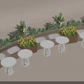 Outdoor Landscape Seating With Green Plants Yellow Flowers White Round Tables And Stools