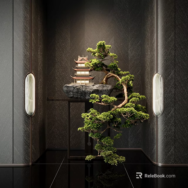 Bonsai Tree With Small Pagoda On Black Stand Against Dark Walls And Oval Decorative Lights 3d model 