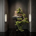 Bonsai Tree With Small Pagoda On Black Stand Against Dark Walls And Oval Decorative Lights