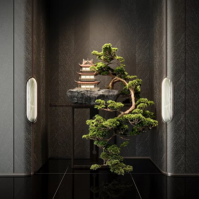 Bonsai Tree With Small Pagoda On Black Stand Against Dark Walls And Oval Decorative Lights 3d model
