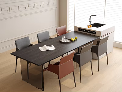 Modern Dark Dining Table With Gray Brown Chairs And Kitchen Island Near Window Blinds 3d model