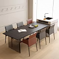 Modern Dark Dining Table With Gray Brown Chairs And Kitchen Island Near Window Blinds