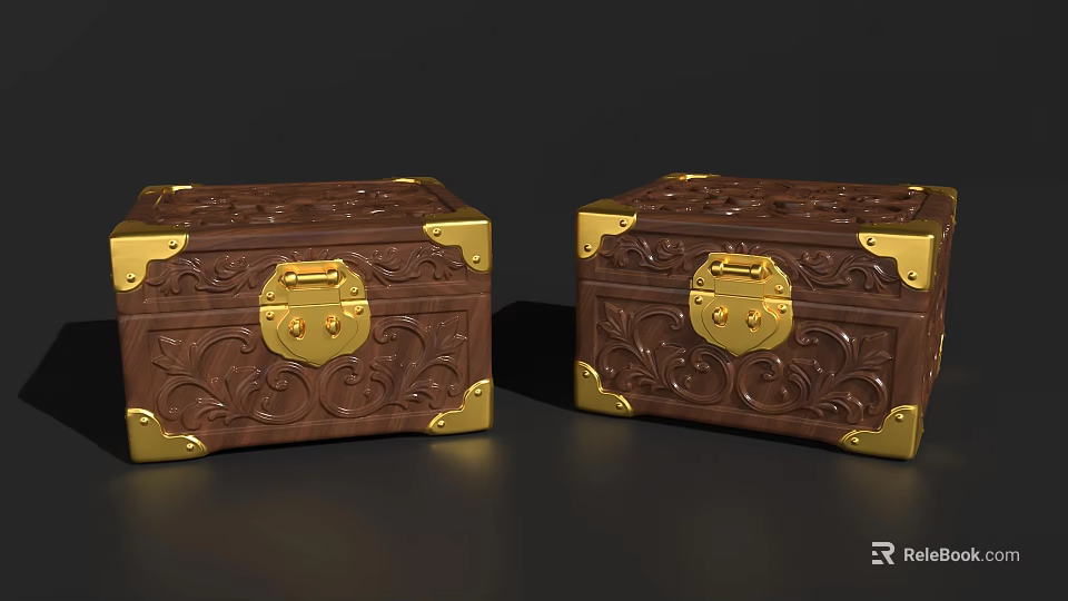 Two Carved Wooden Household Items With Golden Accents And Decorative Patterns 3d model 
