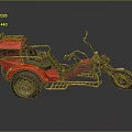 Striking Red Three Wheeled Motorcycle with Sidecar Black Seats and Metal Frame