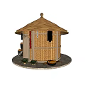 Thatched House with Conical Roof Bamboo Walls Circular Stone Base and Baskets