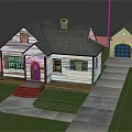 Cartoon Scene Of White House With Green Roof Green Door Steps Garage Lawn And Driveway