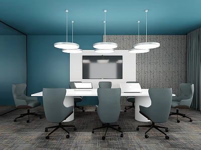 Modern Conference Room With Blue Walls White Meeting Table Gray Chairs And Pendant Lights 3d model