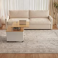 White Coffee Table With Wooden Top Wheels Shelf Fruit Bowl Cup And Beige Sofa