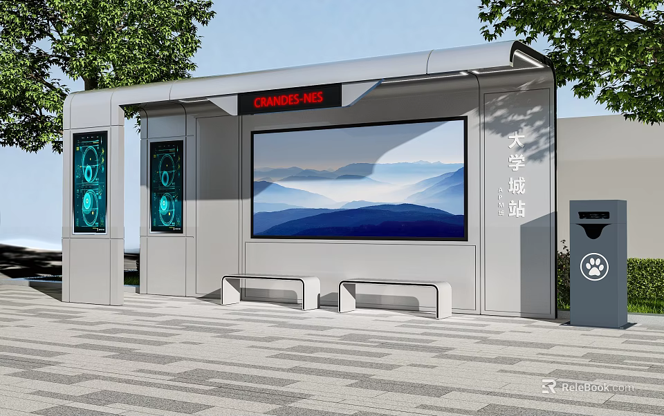 Modern Road Facilities Bus Shelter with Large Display Screen Digital Screens Seats and Trash Bin 3d model 