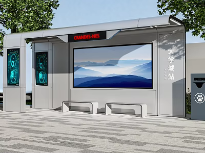 Modern Road Facilities Bus Shelter with Large Display Screen Digital Screens Seats and Trash Bin 3d model