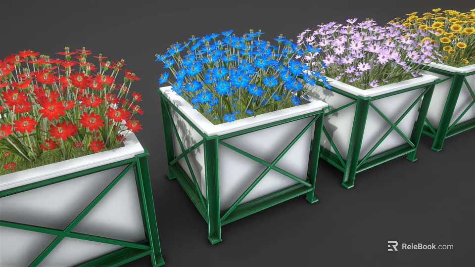 Colorful Garden Planters With Red Blue Purple Flowers And Green White Frames 3d model 