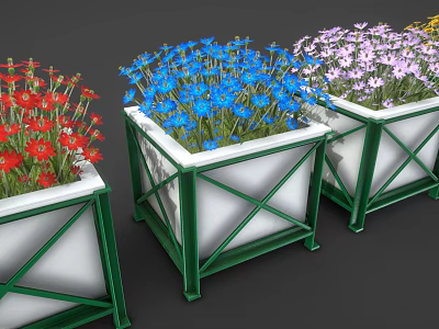 Colorful Garden Planters With Red Blue Purple Flowers And Green White Frames 3d model