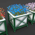 Colorful Garden Planters With Red Blue Purple Flowers And Green White Frames