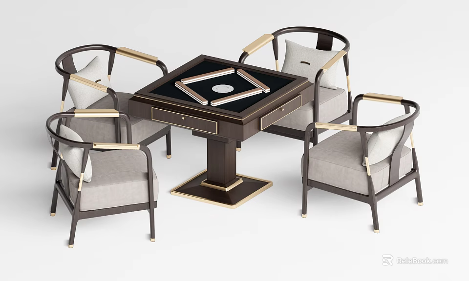 Modern Square Black Entertainment Table With Four Light Gray Chairs And Gold Accents 3d model 