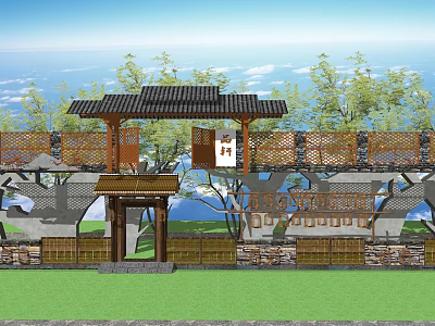 Traditional Entrance Gate With Wooden Roof Stone Fence And Green Trees Against Blue Sky 3d model