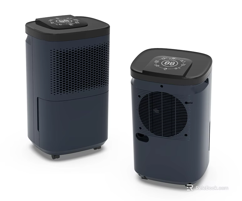 Two Dark Blue Household Appliances With Control Panel Ventilation Grilles And Wheels 3d model