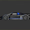 Silver And Blue Race Car With Large Rear Wing Black Stripes And Logos