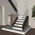 Modern Staircase With Marble Steps Wooden Accents Black Metal Railing Warm Lighting And Potted Plant