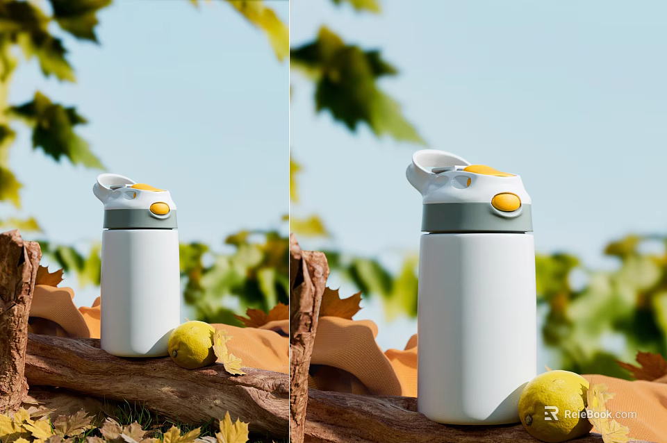 Stylish White Insulated Cup with Yellow Accent Lid Among Green Leaves and Lemon 3d model 